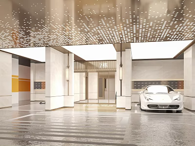 Spacious 7th Floor Parking Garage Featuring White Sports Car And Marble Walls 3d model