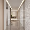 Hotel Corridor Interior Design With Wooden Accents Recessed Lighting Circular Decor And Plants At End