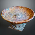 Stone Basin With Unique Textured Surface On Square Fluted Pedestal Base And Ornate Center Detail