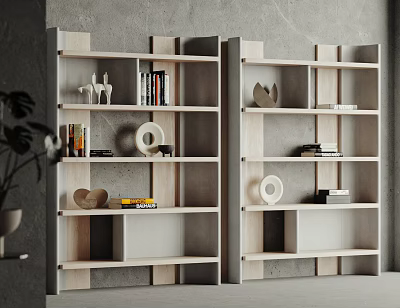 Modern Wooden Bookshelves Interior Setting With Books Decorative Sculptures And Ornaments 3d model