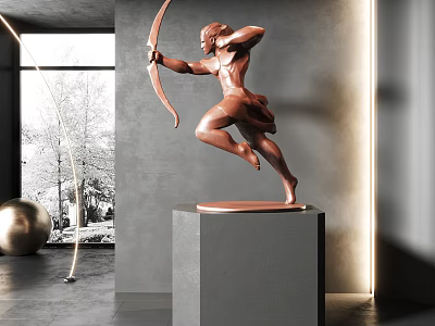 Bronze Archer Sculpture Leaping Dynamic Pose On Gray Pedestal Modern Interior 3d model