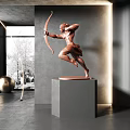 Bronze Archer Sculpture Leaping Dynamic Pose On Gray Pedestal Modern Interior
