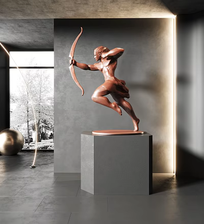 Bronze Archer Sculpture Leaping Dynamic Pose On Gray Pedestal Modern Interior 3d model