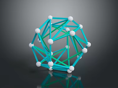 Geometric Polyhedral Structure With Blue Green Lines And White Spheres On Black Surface 3d model