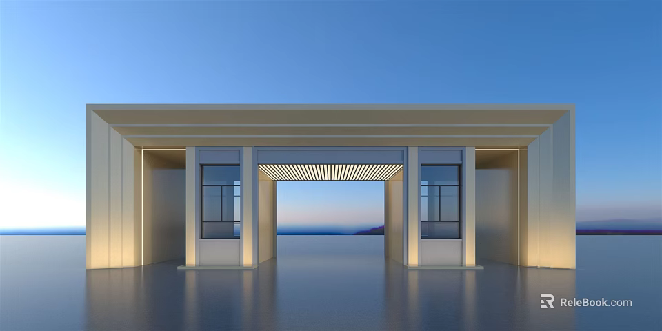 Modern Entrance Gate Design with Glass Panels and Metal Frame Overlooking Seaside Sky 3d model 