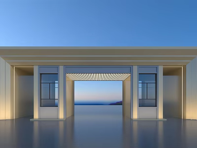 Modern Entrance Gate Design with Glass Panels and Metal Frame Overlooking Seaside Sky 3d model