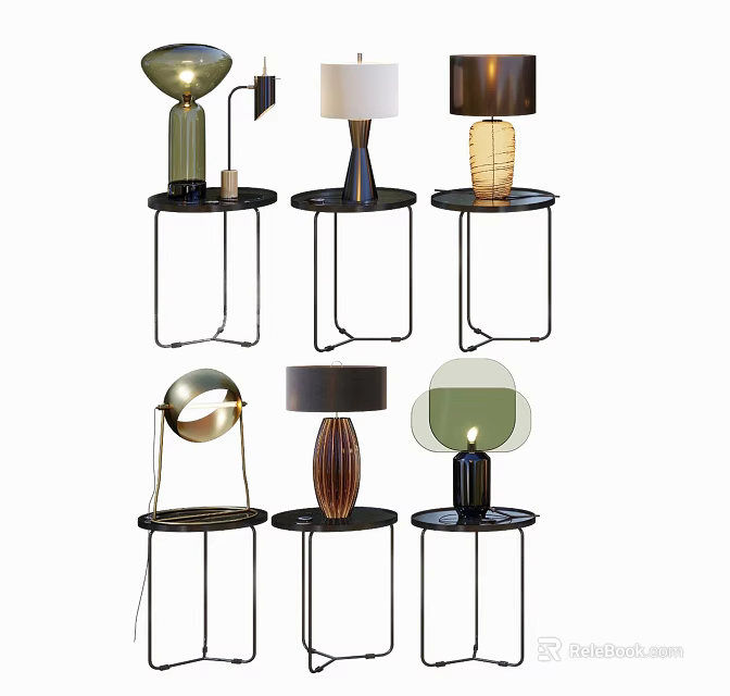 Stylish Table Lamps With Various Unique Designs And Metal Frame Tables 3d model