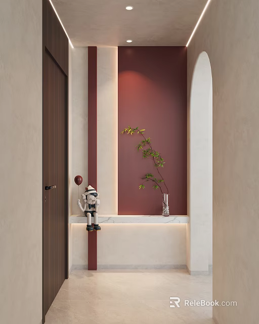 Modern Entryway Hallway With Dark Brown Door Burgundy Wall White Countertop Astronaut Figurine Greenery Vase 3d model 
