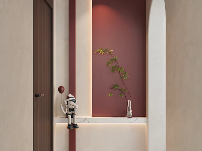 Modern Entryway Hallway With Dark Brown Door Burgundy Wall White Countertop Astronaut Figurine Greenery Vase 3d model
