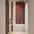 Modern Entryway Hallway With Dark Brown Door Burgundy Wall White Countertop Astronaut Figurine Greenery Vase