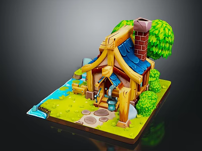 Cute Cartoon House Exterior With Blue Roof Chimney Small Stream Green Grass Trees And Bushes 3d model