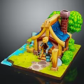 Cute Cartoon House Exterior With Blue Roof Chimney Small Stream Green Grass Trees And Bushes