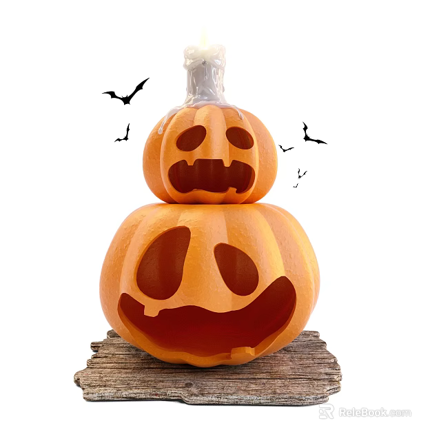 Halloween Art Installation with Stacked Jack O Lanterns Ghost Top and Flying Bats 3d model 