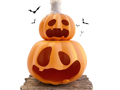 Halloween Art Installation with Stacked Jack O Lanterns Ghost Top and Flying Bats 3d model