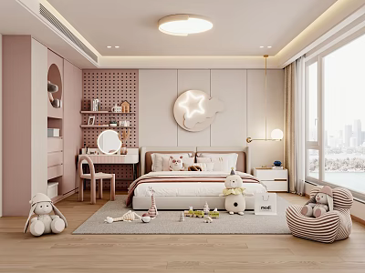 Cozy Kids Room Interior With Bed Stuffed Toys Desk Chair Wall Decor And Natural Light 3d model