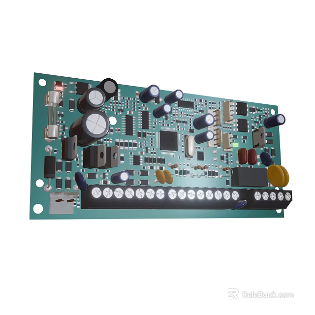 Green Circuit Board With Capacitors Resistors Integrated Circuits And Solder Points 3d model 