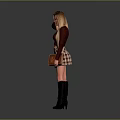 Stylish Woman With Long Blond Hair Wearing Maroon Top Plaid Skirt And Black Boots