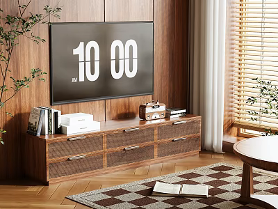 Modern Wooden TV Stand With TV Books And Decor By Window With Blinds 3d model