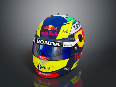 Weapon Style Helmet Featuring Red Bull Honda Kimi Logos In Blue Yellow Design 3d model