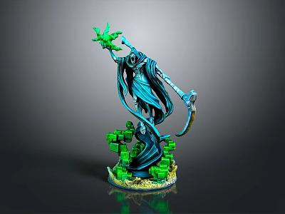 Man in Blue Robe Holding Green Glowing Object and Scythe on Green Base Sculpture 3d model