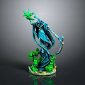 Man in Blue Robe Holding Green Glowing Object and Scythe on Green Base Sculpture