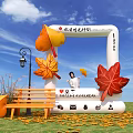 Inflatable Arch With Autumn Maple Leaf Decorations In Woodland Park Setting And Fall Foliage Accents