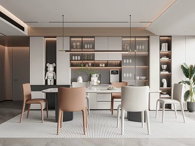 Modern Restaurant Interior With Round Dining Table Beige Chairs And Pendant Lights 3d model