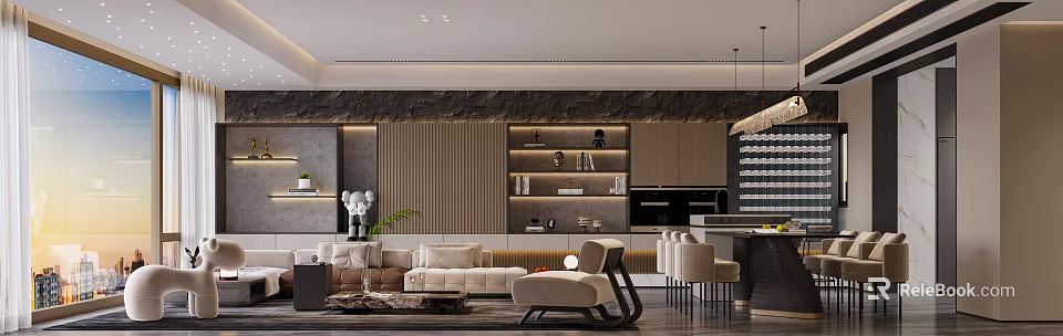 Modern Living Dining Room Interior With Sofa Dining Table Decorative Wall And Lighting 3d model