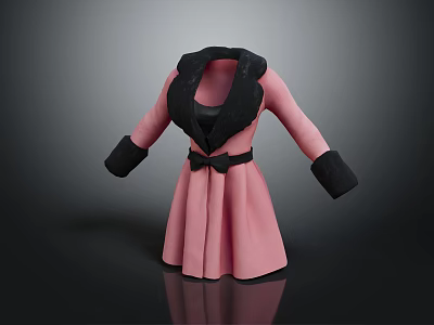 Pink Winter Coat With Black Collar Cuffed Sleeves And Bow Belt Detail 3d model