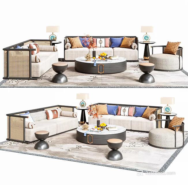 Elegant Modern Sofa And Coffee Table Set With Side Tables Pillows And Rug 3d model