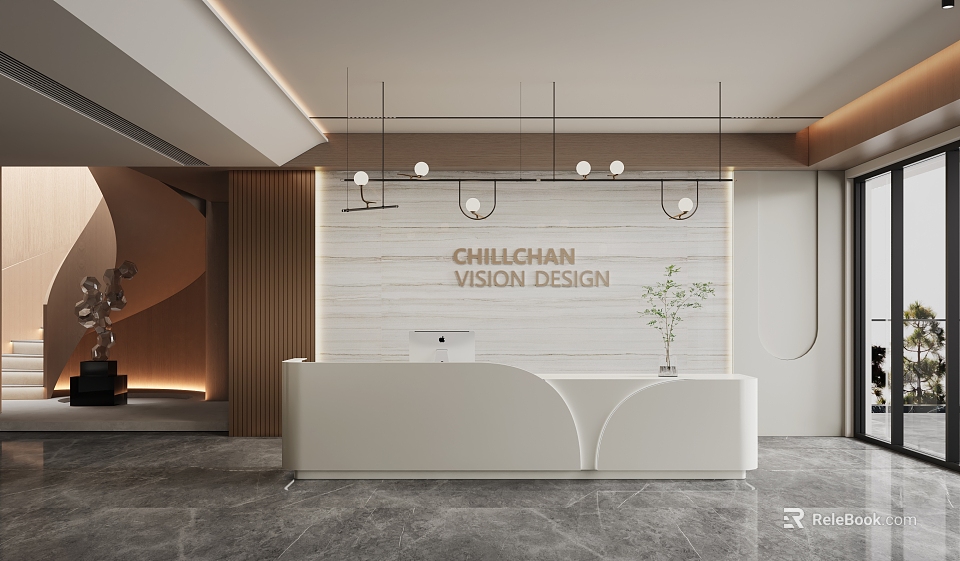 Modern Front Desk Reception Area With White Curved Desk Hanging Lights And Design Studio Backdrop 3d model 