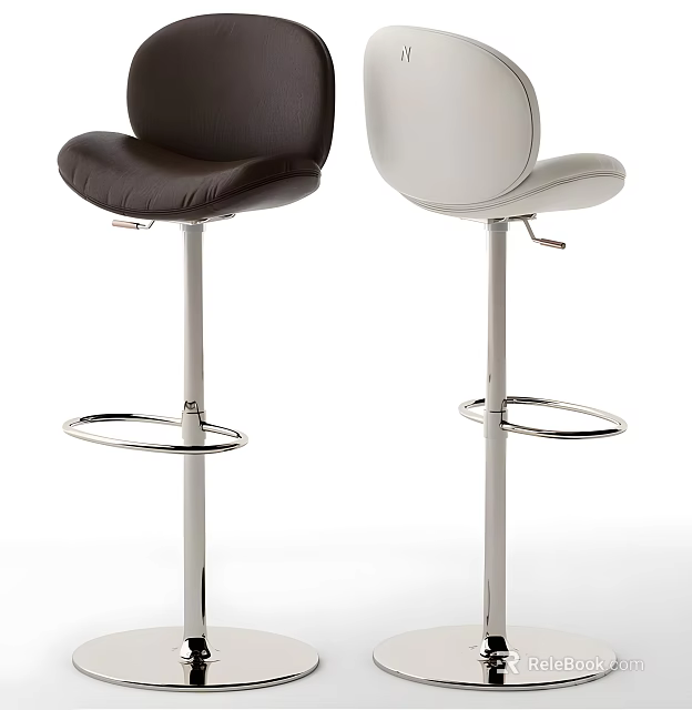 Modern Black and White Leather Bar Stools with Chrome Metal Frame and Circular Footrest 3d model 