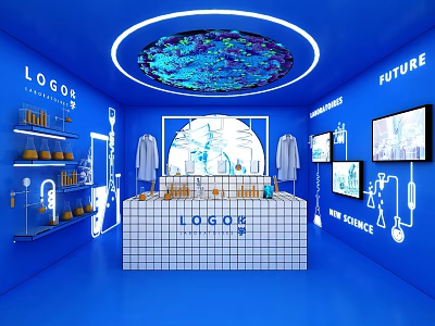 Modern Blue Brand Display Space With Future Themed Screens Globe And Logos 3d model