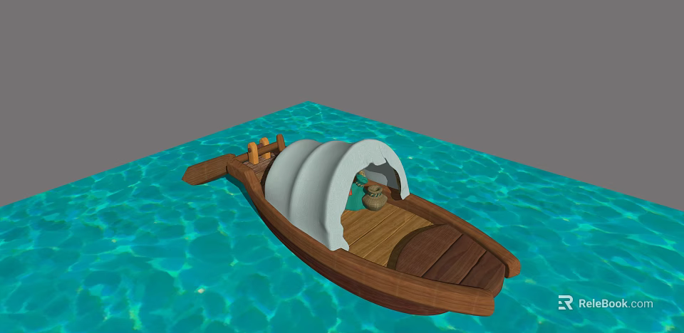 Traditional Wooden Boat With White Curved Canopy And Clay Pot On Blue Rippling Water 3d model 