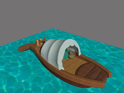 Traditional Wooden Boat With White Curved Canopy And Clay Pot On Blue Rippling Water 3d model