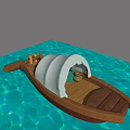 Traditional Wooden Boat With White Curved Canopy And Clay Pot On Blue Rippling Water