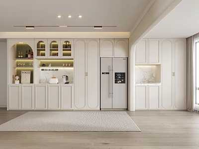Modern Wine Cabinet In Open Kitchen With Glass Doors And Lighting Design 3d model