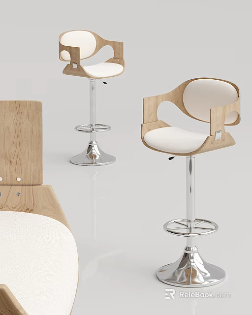 Modern Wooden Bar Stools With White Seat And Metal Adjustable Base Design 3d model 
