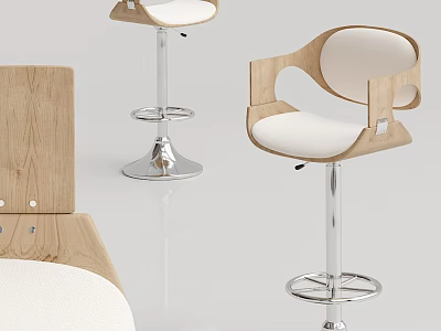 Modern Wooden Bar Stools With White Seat And Metal Adjustable Base Design 3d model
