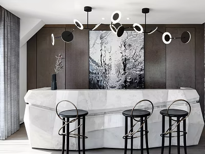 Modern Bar Area With Marble Counter Black Bar Stools Abstract Painting And Pendant Lights 3d model
