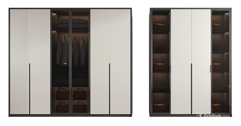 Modern Wardrobe Interior With Sliding Doors Hanging Rods Storage Shelves And Drawers 3d model 