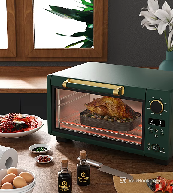 Green Kitchen Countertop Oven With Roasted Chicken On Wooden Cooking Counter 3d model 