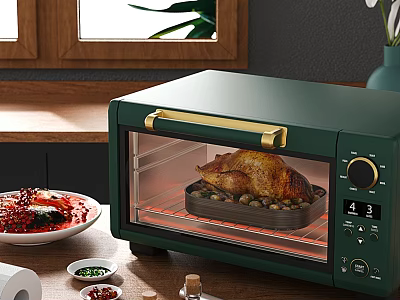 Green Kitchen Countertop Oven With Roasted Chicken On Wooden Cooking Counter 3d model