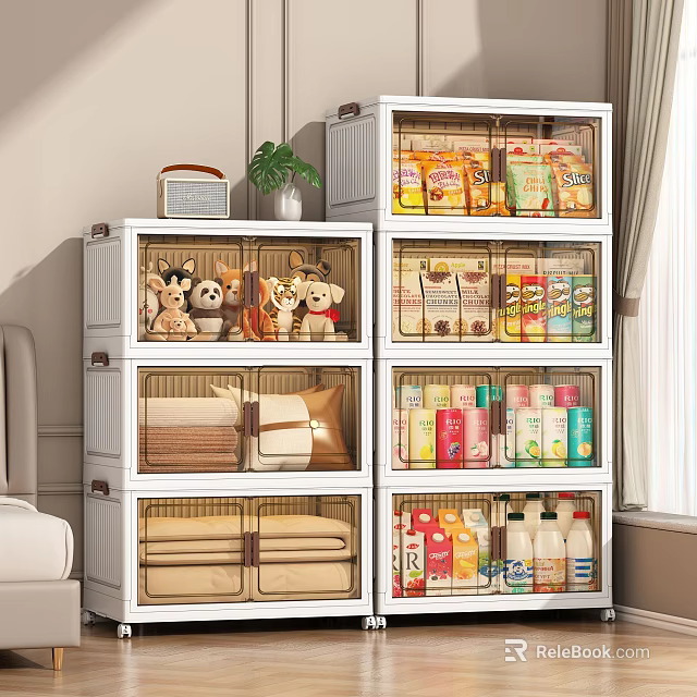 Organized Food Storage Cabinet With Transparent Drawers Holding Cereals Snacks And Drinks 3d model 