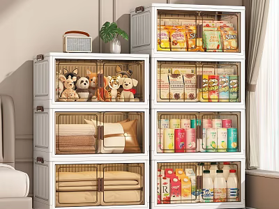 Organized Food Storage Cabinet With Transparent Drawers Holding Cereals Snacks And Drinks 3d model