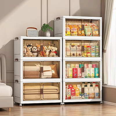 Organized Food Storage Cabinet With Transparent Drawers Holding Cereals Snacks And Drinks 3d model
