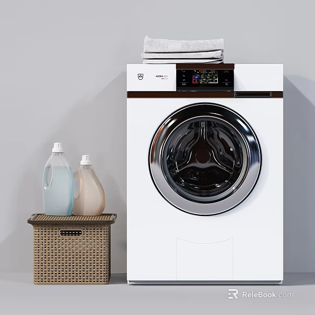 Modern Front Load Washing Machine With Folded Towels And Detergent Bottles On Wicker Basket 3d model 