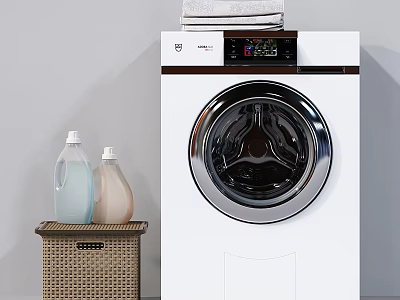 Modern Front Load Washing Machine With Folded Towels And Detergent Bottles On Wicker Basket 3d model