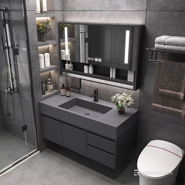 Modern Bathroom Vanity With Gray Countertop LED Mirror Cabinet And Fresh Flowers 3d model 