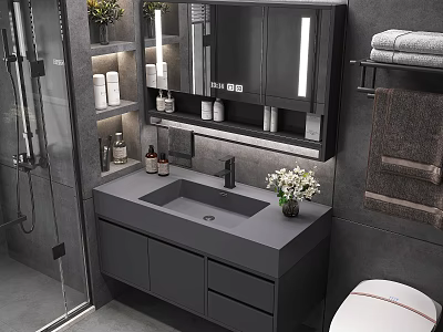Modern Bathroom Vanity With Gray Countertop LED Mirror Cabinet And Fresh Flowers 3d model